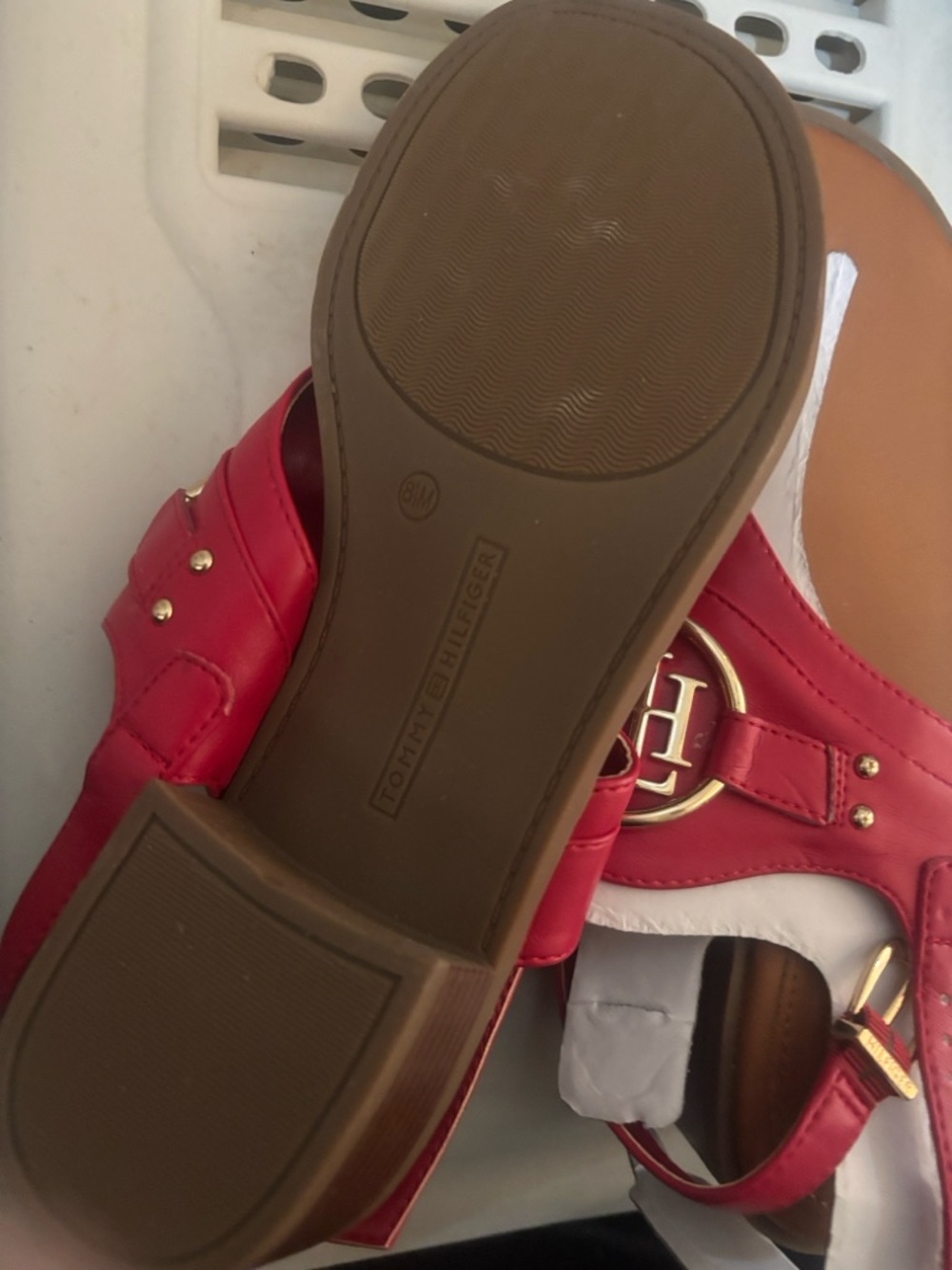 Tommy Hilfiger Red Slide Sandals with Gold TH Emblem